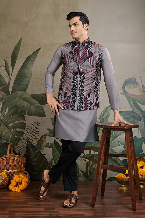 Designer and Stylish Grey Men's Kurta Koti Set for Men Clothsvilla