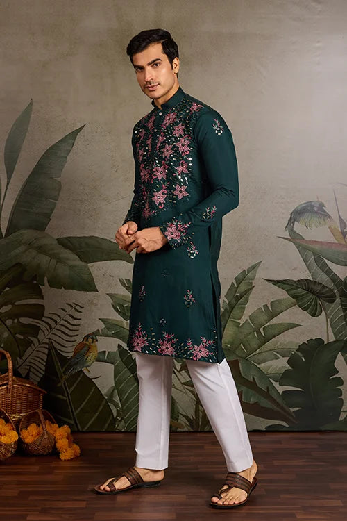 Party Look Green Mirror Embroidered Kurta Set for Men Clothsvilla