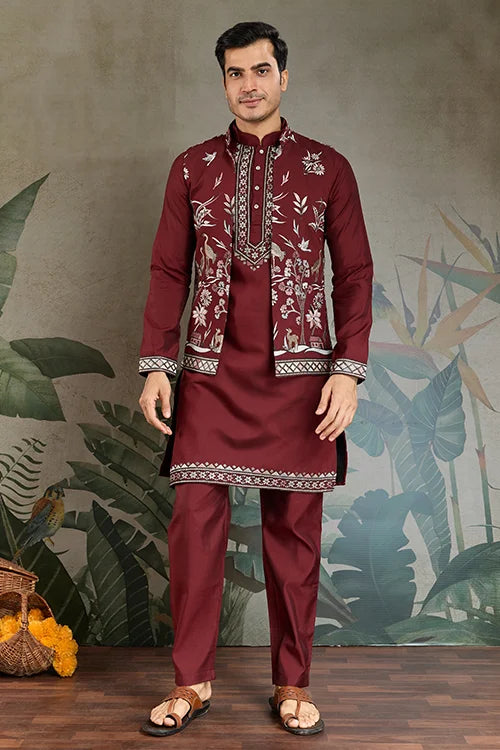 Wedding Special Maroon Kurta Pajama with Open Koti for Men Clothsvilla