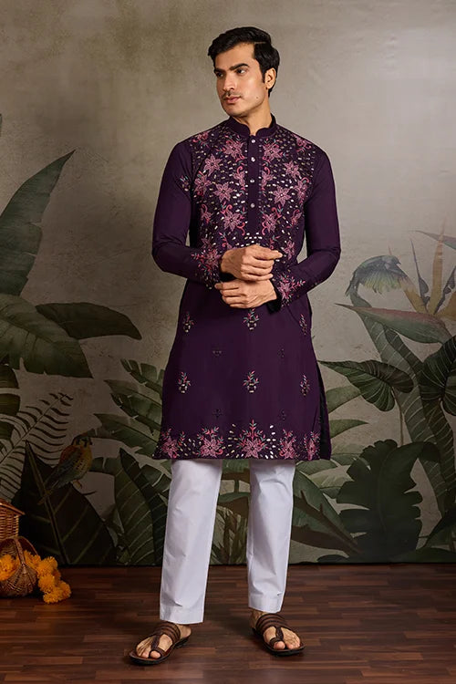 Designer Purple Mirror Work Kurta Set for Mens Wear Clothsvilla