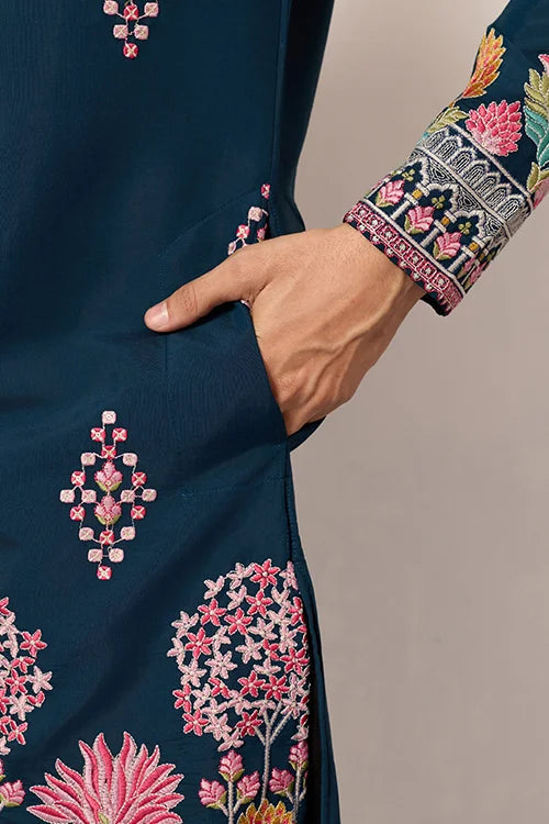 Indian Wedding Style Exclusive Teal Blue Kurta for Mens Clothsvilla