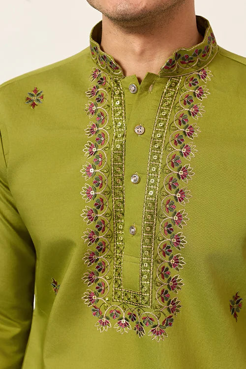 Classic Wedding Fluorescent Green Mens Wear Kurta with Dupatta Clothsvilla