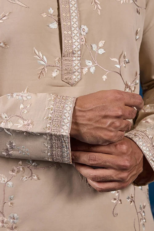 Elegant Beige Embroidered Viscose Silk Kurta for Mens Clothsvilla