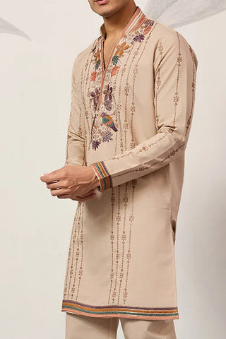 Premium Beige Embroidered V Neck Kurta Pant Set Clothsvilla