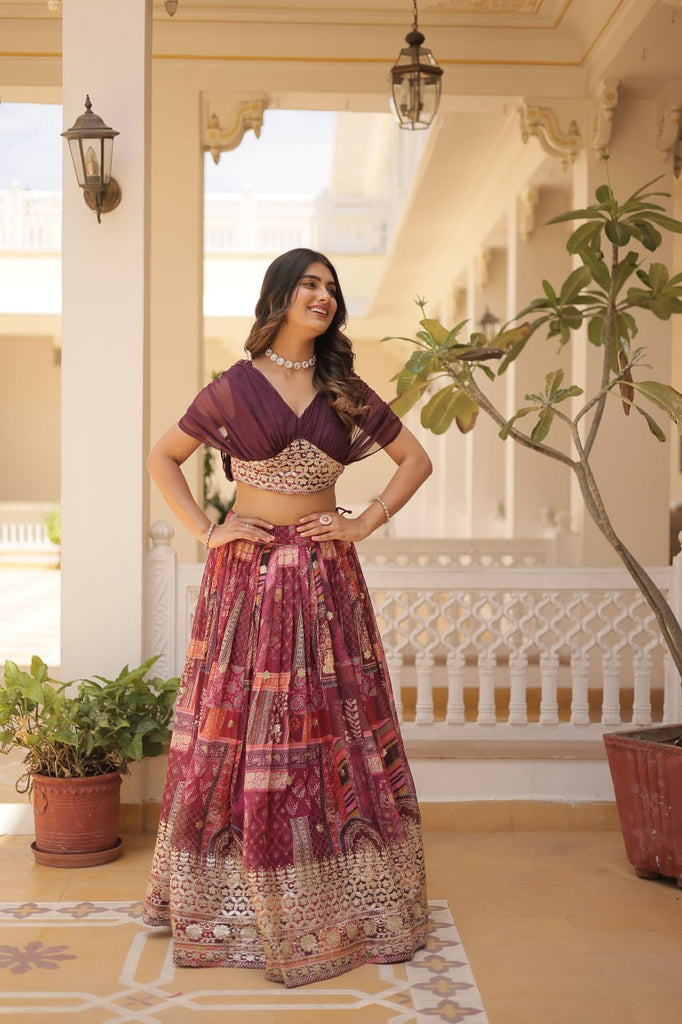 Russian Silk Wine Lehenga Choli Set: Foil Print, Can-Can Flair ClothsVilla