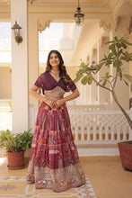 Load image into Gallery viewer, Russian Silk Wine Lehenga Choli Set: Foil Print, Can-Can Flair ClothsVilla