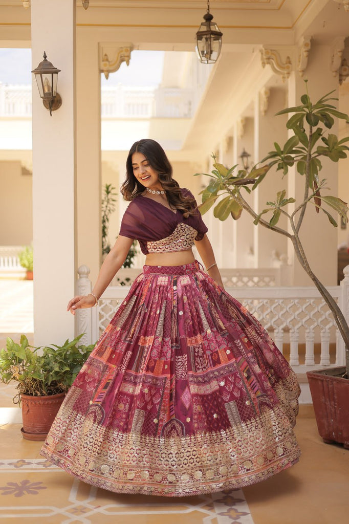 Russian Silk Wine Lehenga Choli Set: Foil Print, Can-Can Flair ClothsVilla