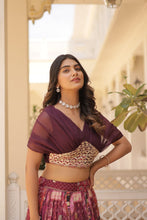 Load image into Gallery viewer, Russian Silk Wine Lehenga Choli Set: Foil Print, Can-Can Flair ClothsVilla