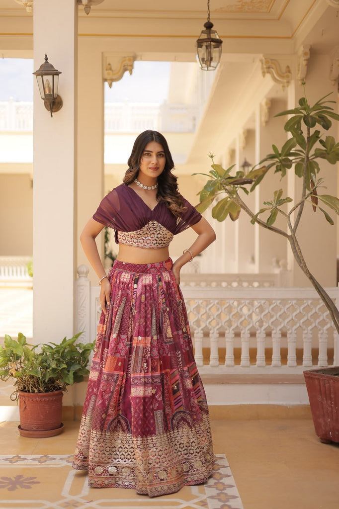 Russian Silk Wine Lehenga Choli Set: Foil Print, Can-Can Flair ClothsVilla