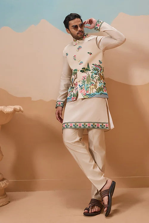 Latest Beige Color Koti Kurta Set for Mens Wear Collection Clothsvilla