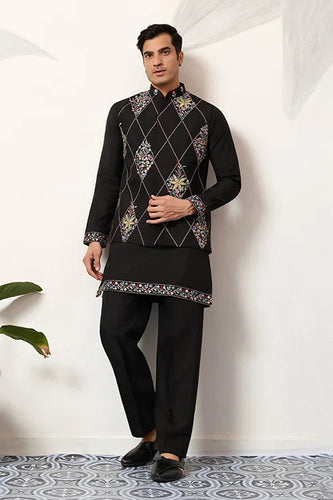 Premium Wedding Black Koti Kurta Pajama for Mens Wear Clothsvilla