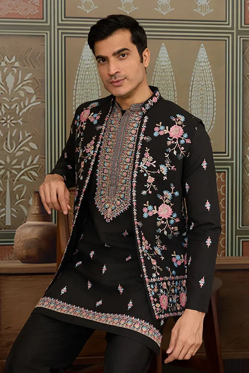 Black Mens Kurta with Stylish Koti for Wedding Wear Clothsvilla