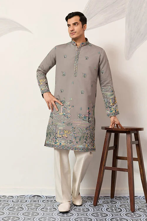 Wedding Traditional Look Grey Kurta for Mens Wear Clothsvilla