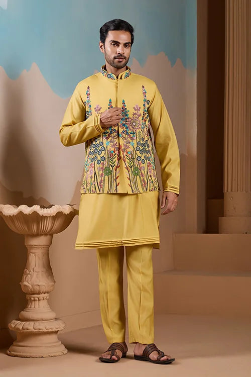 Haldi Ceremony Yellow Embroidered Koti Kurta Set for Mens Clothsvilla