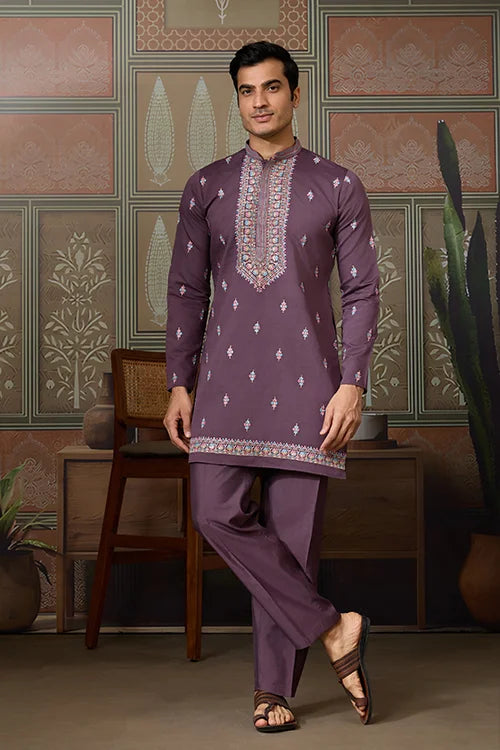 Dusty Purple Wedding Kurta with Matching Koti Set for men Clothsvilla