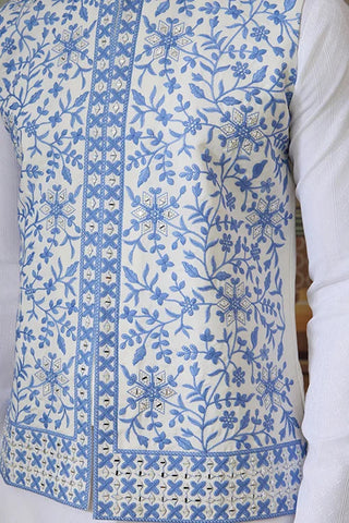 Traditional White Kurta Blue Koti Pajama for Men Clothsvilla