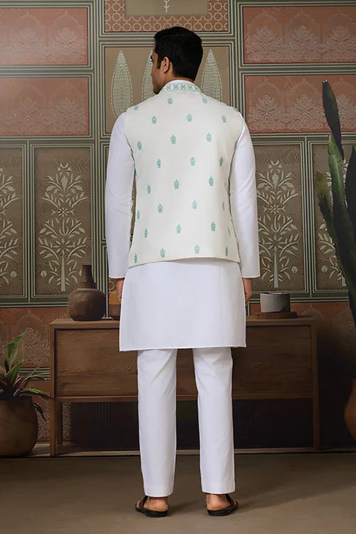 Wedding White Kurta Pajama with Green Koti Style Clothsvilla