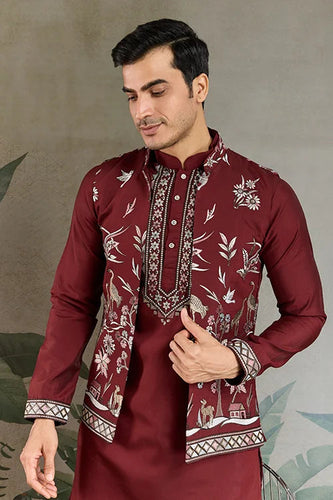 Wedding Special Maroon Kurta Pajama with Open Koti for Men Clothsvilla