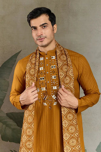 Wedding Special Mustard Mirror Kurta Set with Dupatta for Men Clothsvilla