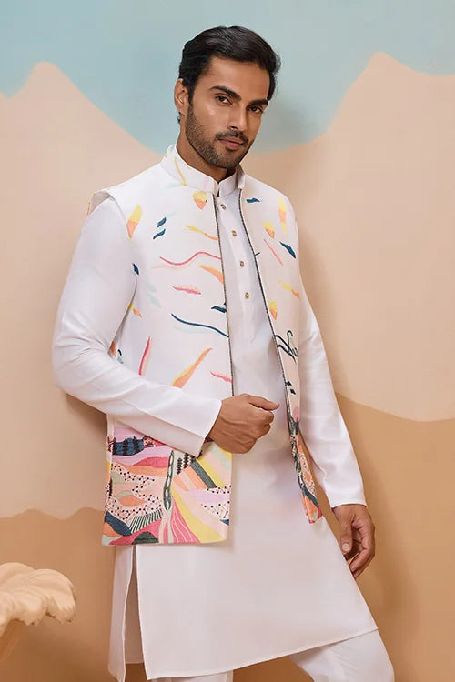 White Wedding Wear Carnival Koti Kurta Pair for Mens Wear Clothsvilla