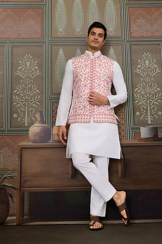 Wedding Pink Koti with White Kurta Pajama Set Clothsvilla