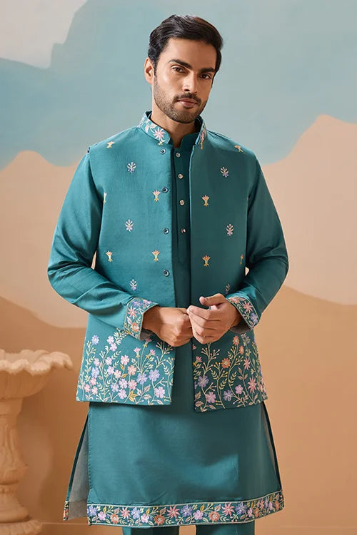 Wedding Party Outfit Rama Green Kurta Koti Pant for Men Clothsvilla