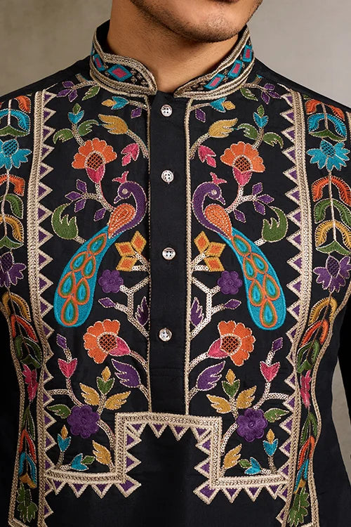 Designer Black Embroidered Mens Kurta for Wedding Clothsvilla