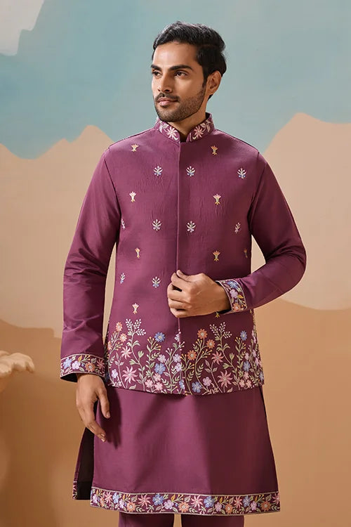 Dusty Color Embroidered Koti Kurta with Pant for Mens Clothsvilla
