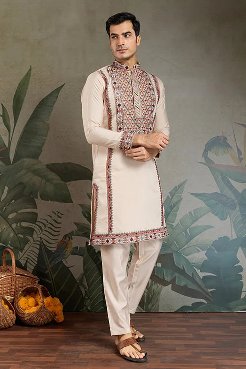 Classic Ivory Embroidered Kurta Pajama for Men Clothsvilla