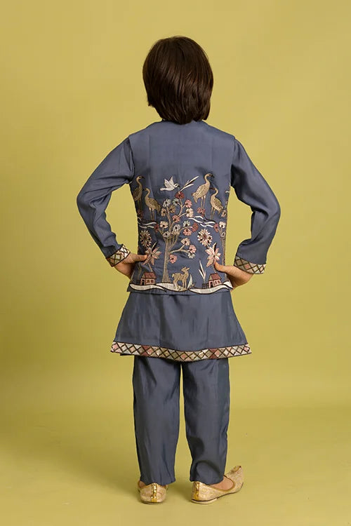 Wedding Special Kids Blue Grey Koti Kurta Outfit Clothsvilla