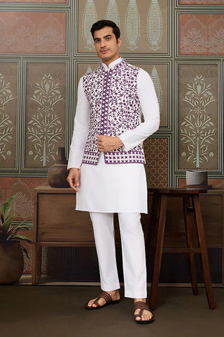 Classic White Mens Kurta Pajama with Stylish Purple Koti Clothsvilla
