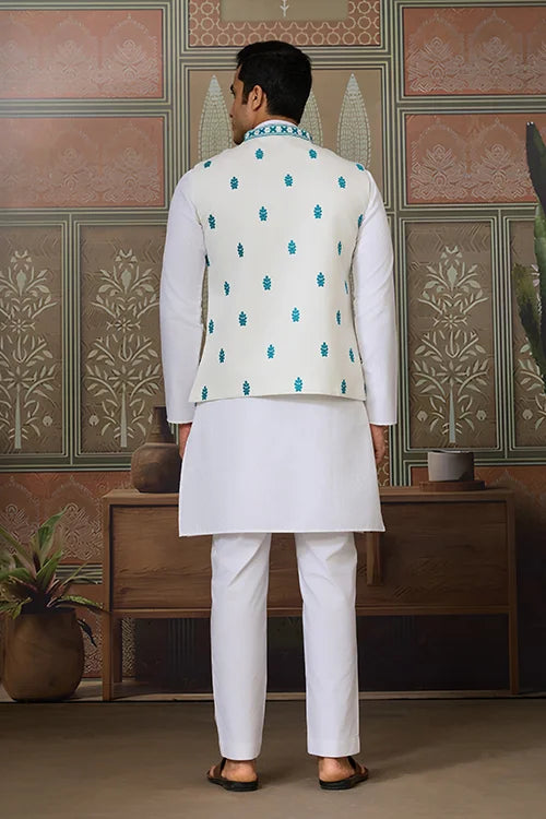 Traditional White Kurta with Teal Green Koti for Men Clothsvilla