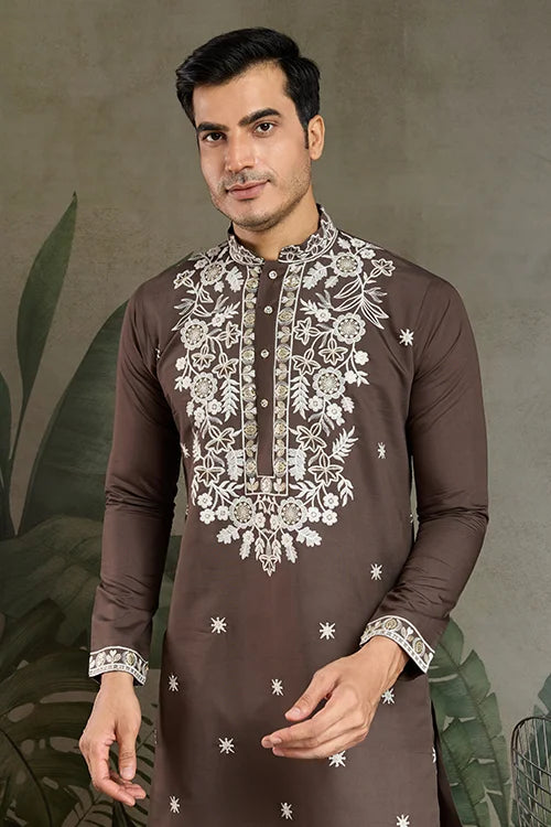 Wedding Functions Chocolate Gray Embroidered Kurta Secondary image