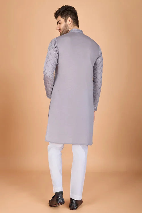 Designer Grey Viscose Silk Men's Kurta – Elegant Wedding Attire Clothsvilla