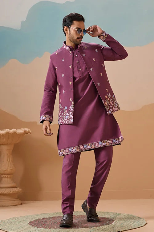 Dusty Color Embroidered Koti Kurta with Pant for Mens Clothsvilla