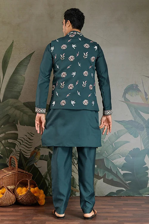 Traditional Green Kurta Pajama with Stylish Open Jacket Clothsvilla