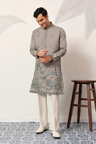 Wedding Traditional Look Grey Kurta for Mens Wear Clothsvilla