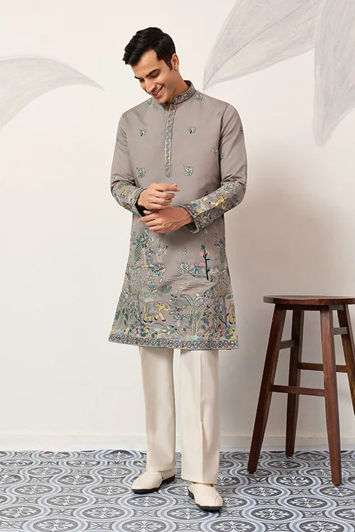 Wedding Traditional Look Grey Kurta for Mens Wear Clothsvilla
