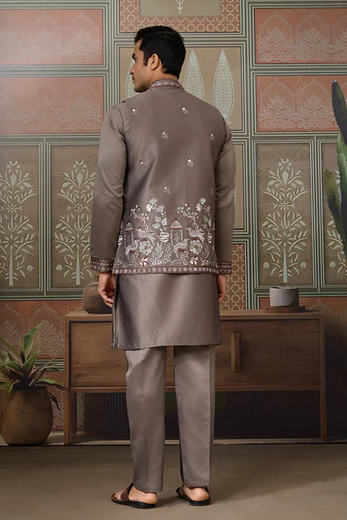 Grey Embroidered Koti Kurta Set for Mens Wear Clothsvilla