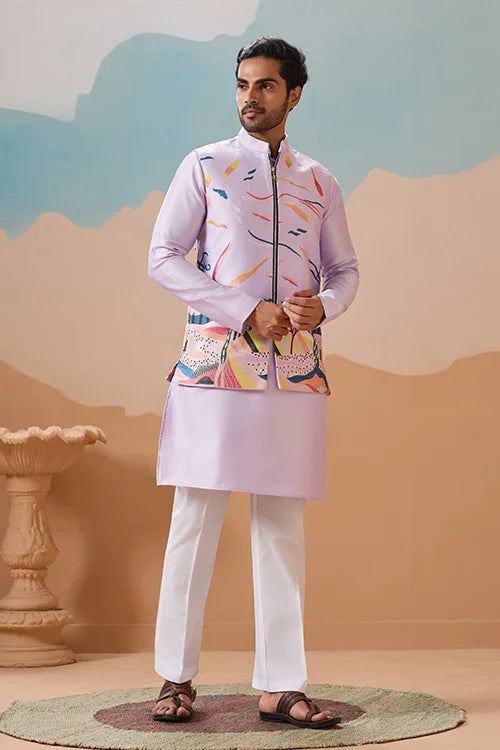 Lavender Wedding Carnival Koti Kurta Set for Mens Clothsvilla