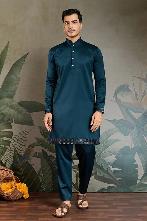 Teal Blue Embroidered Kurta Koti Set for Men Clothsvilla