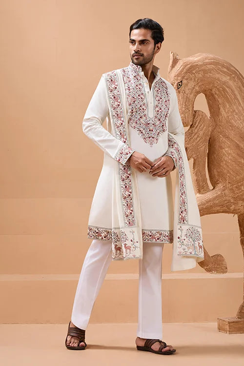 Vibrant Look White Kurta Dupatta Set for Mens Wear Clothsvilla