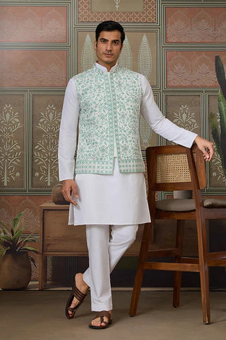 Wedding White Kurta Pajama with Green Koti Style Clothsvilla