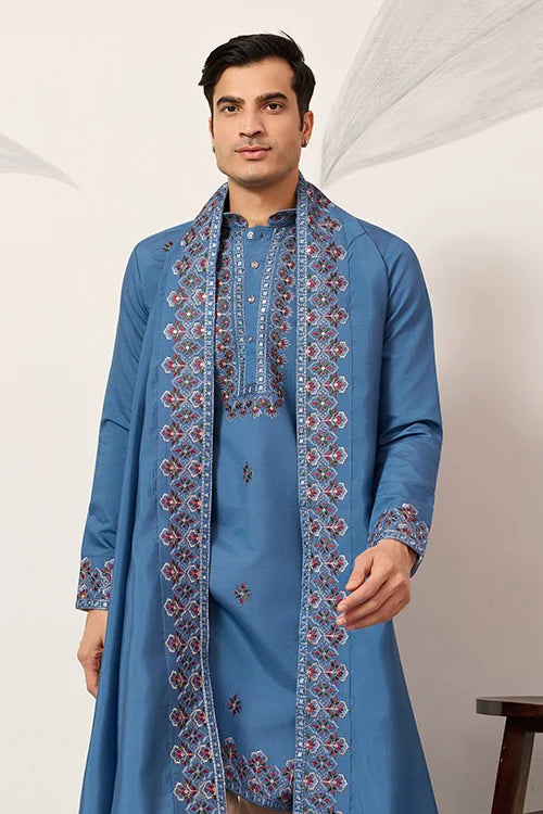 Wedding Royal Look Blue Kurta with Dupatta for Mens Wear Clothsvilla