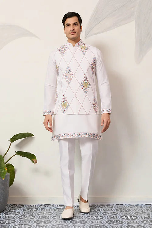 Elegant Wedding Special White Koti Kurta Pajama Set Clothsvilla