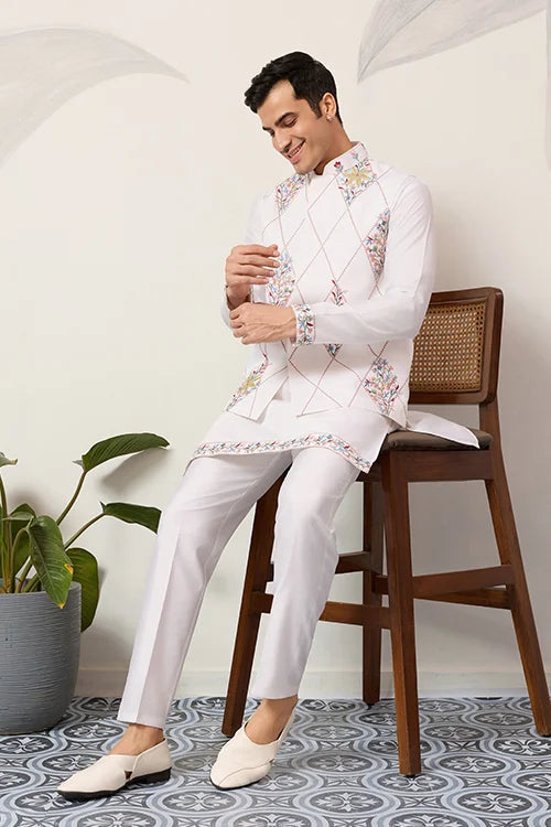 Elegant Wedding Special White Koti Kurta Pajama Set Clothsvilla