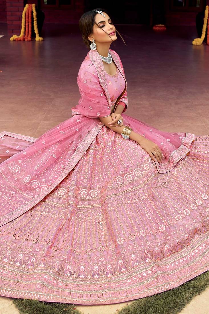 Wedding wear Pink Crop Top Lehenga Choli With Plain And Gota Work ClothsVilla