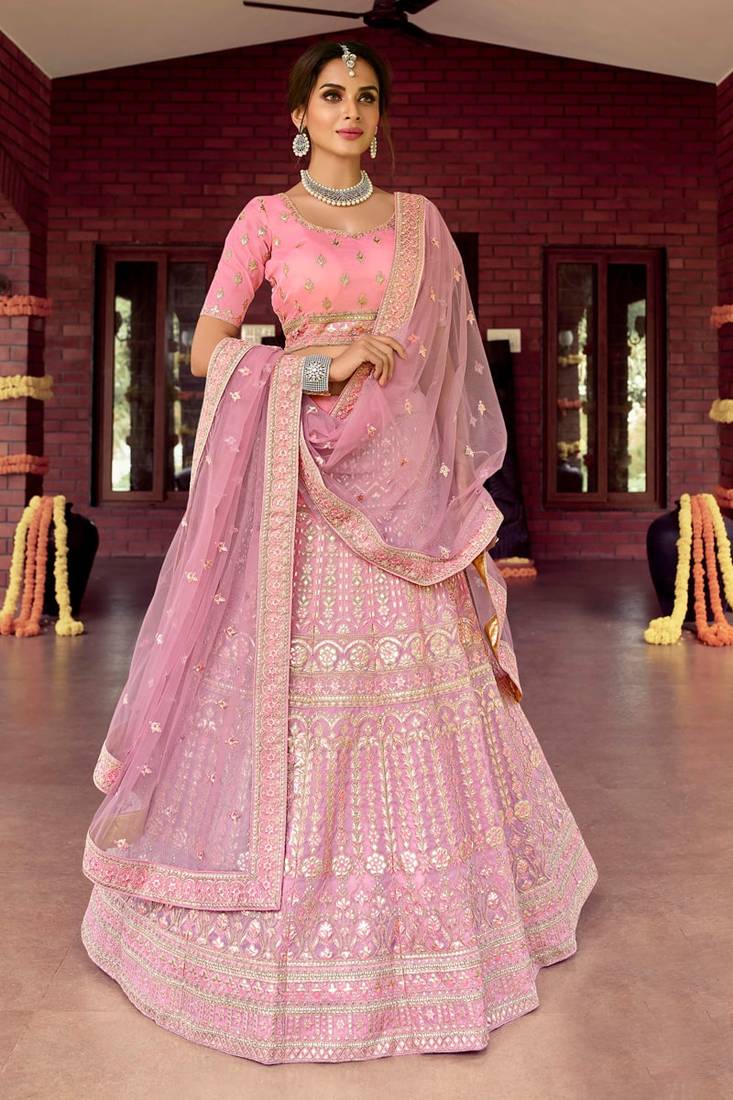 Pink Pure Silk Moti & Zarkan heavy embroidery Semi-Stitched Lehenga choli &  Dupatta - Panchhi Fashion - 4166998