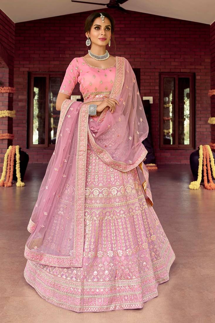 Wedding wear Pink Crop Top Lehenga Choli With Plain And Gota Work