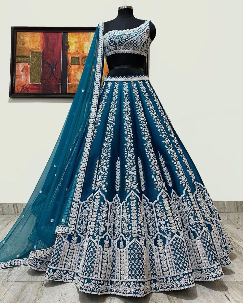 Teal Blue Silk Lehenga Choli with Heavy Embroidery thread Work ClothsVilla